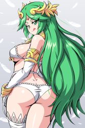 1girl :q armlet arms_at_sides ass asymmetrical_legwear back bare_shoulders bra breasts butt_crack collar cowboy_shot dimples_of_venus elbow_gloves eyes_visible_through_hair feathers from_behind garter_belt garter_straps gloves green_eyes green_hair half-closed_eyes highres jewelry kid_icarus kid_icarus_uprising large_breasts lewdamone licking_lips lingerie long_hair looking_at_viewer looking_back nintendo palutena panties seductive_smile sideboob single_thighhigh smile solo strap_gap stretched_panties swept_bangs thighhighs tiara tongue tongue_out twisted_torso underboob underwear underwear_only uneven_legwear upper_body very_long_hair white_bra white_gloves white_panties white_thighhighs rating:Questionable score:132 user:danbooru