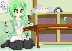 1girl ahoge artist_request between_legs black_thighhighs blush bookshelf calendar clock collarbone cup cushion dress drink drinking_straw glass green_eyes green_hair hand_between_legs have_to_pee heart jewelry mug necklace open_mouth original own_hands_together short_hair short_sleeves sitting solo stuffed_animal stuffed_toy table tears text_focus thighhighs translation_request trembling wariza white_dress zettai_ryouiki rating:Sensitive score:2 user:AngryZapdos