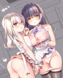  2girls amanagi_seiji apron ass black_hair black_thighhighs blush breast_press breasts breasts_out censored commentary_request cum cum_on_body cum_on_breasts cum_on_upper_body cum_string grey_hair hair_ornament highres large_breasts long_hair looking_at_viewer multiple_girls nipples open_mouth orange_skirt original panties panty_pull plaid plaid_skirt purple_skirt red_eyes see-through see-through_shirt shirt side_ponytail skirt sleeveless sleeveless_shirt smile symmetrical_docking thighhighs underwear white_apron white_panties white_shirt wrist_cuffs yellow_eyes 
