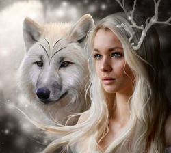  1girl blonde_hair blue_eyes blurry_background grey_eyes hair_ornament long_hair looking_to_the_side portrait realistic solo white_hair wolf  rating:Sensitive score:11 user:danbooru