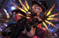  1girl armchair artist_name beaker black_gloves black_leotard black_thighhighs blonde_hair blue_eyes blue_fire book book_stack breasts candle chair cleavage commentary crossed_legs english_commentary fire freeze-ex gloves grin hat high_heels holding indoors lamp large_breasts leotard looking_at_viewer mechanical_wings mercy_(overwatch) official_alternate_costume open_book overwatch parted_lips sitting smile solo thighhighs thighs third_eye touhou twisted_torso wings witch_hat witch_mercy yellow_wings 