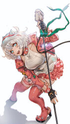  1girl ahoge black_gloves blue_eyes blush boots bracelet breasts clover collar dress elphelt_valentine four-leaf_clover frilled_dress frills gloves green_ribbon guilty_gear guilty_gear_strive hairband highres holding holding_microphone huge_ahoge jacket jewelry large_breasts looking_at_viewer magion02 microphone open_mouth pink_dress pink_footwear pink_hairband pink_jacket ribbon short_hair sideboob smile solo spiked_bracelet spiked_collar spiked_hairband spikes thigh_boots two-tone_dress white_dress white_hair  rating:General score:12 user:danbooru