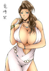  1girl bangle bare_shoulders blue_eyes bracelet breast_hold breasts brown_hair center_opening cleavage contrapposto cowboy_shot curvy dress female_focus fingernails highres huge_breasts jewelry long_fingernails long_fingers long_hair long_skirt looking_at_viewer nail_polish navel neck_ribbon necklace no_bra original ribbon ring ruka_(pixiv7338370) seductive_smile side_slit simple_background skirt smile solo standing translated white_background 