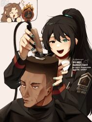  1girl 1other 2boys black_coat black_eyes black_hair black_shirt blue_eyes blue_hairband brown_hair choso_giving_toudou_a_haircut_(meme) clock closed_eyes coat collared_shirt commentary cutting_hair dante_(limbus_company) dark-skinned_male dark_skin electric_razor english_commentary english_text fade_(haircut) fire hairband heathcliff_(project_moon) heterochromia high_ponytail highres hong_lu_(project_moon) limbus_company long_hair makeup_brush meme mipoyos multiple_boys necktie object_head parted_bangs project_moon purple_eyes red_coat red_necktie rodion_(project_moon) scar scar_on_face shirt sparkle sweat sweatdrop twitter_username white_shirt 