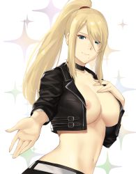  +nintendo 1girl absurdres alternate_costume bikini bikini_top_only bikini_under_clothes black_choker blonde_hair blue_eyes breasts buckle choker cleavage closed_mouth front-tie_bikini_top front-tie_top hair_over_one_eye hand_on_own_chest high_ponytail highres j@ck large_breasts long_hair looking_at_viewer metroid mole mole_under_mouth navel nintendo no_bra outstretched_arm ribbon samus_aran short_sleeves sidelocks smile solo sparkle_background stomach swept_bangs swimsuit underboob upper_body white_background white_bikini white_ribbon  rating:Explicit score:96 user:flacokra