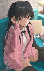  1girl :o between_legs black_bow black_bowtie black_hair black_thighhighs blush bow bowtie brown_eyes commentary_request couch hand_between_legs hand_up highres idolmaster idolmaster_shiny_colors indoors jacket long_hair looking_at_viewer mayuzumi_fuyuko noeru on_couch open_clothes open_jacket pink_jacket shirt sitting solo thighhighs tissue_box used_tissue wariza white_shirt  rating:Sensitive score:47 user:danbooru