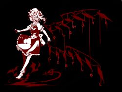  1girl ascot bat_(animal) black_background character_name crystal_wings debiru_takako flandre_scarlet from_side full_body hat highres mob_cap side_ponytail simple_background solo touhou 