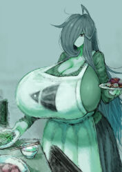 1girl 2b-ge :&gt; apron bags_under_eyes breasts chair chopsticks cleavage dress eyelashes female_focus food gigantic_breasts green_theme grey_background grey_hair hair_over_one_eye half-closed_eyes holding holding_plate mature_female mei&#039;s_mom_(2b-ge) original plate smile solo standing steam table taut_clothes 