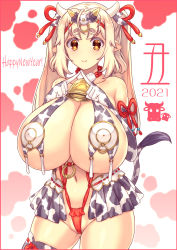  2021 animal_print bell breast_curtains cow_girl cow_horns cow_print cow_tail cowbell fingers_together happy_new_year highres horns ishida_hiroyuki microskirt new_year skirt standing tail twintails 