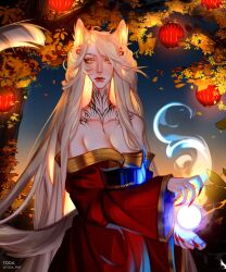 1girl absurdres animal_ears artist_name blonde_hair breasts character_request cleavage copyright_request earrings fingernails fox_ears fox_girl highres japanese_clothes jewelry kimono lantern long_hair long_sleeves magic medium_breasts obi paper_lantern sash sharp_fingernails sky_lantern solo tail tattoo toda_png very_long_hair wide_sleeves yellow_eyes