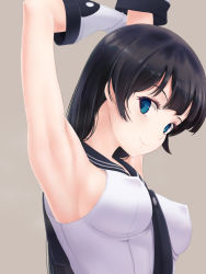 10s 1girl agano_(kancolle) armpits arms_up bad_id bad_pixiv_id black_hair blue_eyes breasts covered_erect_nipples gloves kantai_collection long_hair looking_at_viewer mikanmelon sideboob smile solo rating:Sensitive score:30 user:danbooru