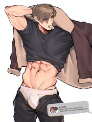  1boy abs black_pants black_shirt brown_hair brown_jacket dressing english_text food food_in_mouth highres hirusuhi ingrid_hunnigan jacket large_pectorals leon_s._kennedy looking_to_the_side male_focus male_underwear muscular muscular_male navel open_clothes open_jacket open_pants pants pectorals resident_evil resident_evil_4 resident_evil_4_(remake) shirt short_hair simple_background solo underwear white_background white_male_underwear 