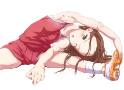  1girl armpits bad_id bad_pixiv_id blush brown_hair open_mouth original rei_oe shoes short_hair sneakers socks solo sportswear spread_legs stretching sweat track_and_field 