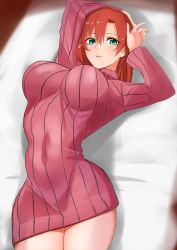 1girl arched_back arms_up baron_(nsbaron) blush boudica_(fate) bra breasts commentary_request covered_navel fate/grand_order fate_(series) green_eyes hip_focus impossible_clothes large_breasts looking_at_viewer lying on_back panties pink_sweater red_hair ribbed_sweater see-through short_hair smile solo sweater thighs turtleneck turtleneck_sweater underwear rating:Sensitive score:52 user:danbooru