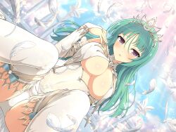  1girl :o bashou_(senran_kagura) blue_ribbon blush breast_curtains breasts bridal_gauntlets cleavage cloud covered_navel detached_sleeves feathers green_hair highres large_breasts looking_at_viewer medium_hair official_art open_mouth panties pantyshot priestess purple_eyes ribbon see-through see-through_shirt senran_kagura senran_kagura_new_link sitting solo spread_legs stone_pillar sunlight tiara underboob underwear white_feathers white_panties 