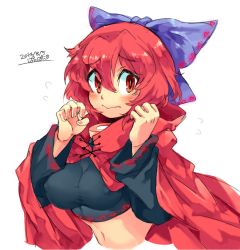  1girl adapted_costume black_shirt bow breasts cape covered_erect_nipples crop_top disembodied_head embarrassed eyebrows female_focus hair_between_eyes hair_bow hair_ribbon iroyopon large_breasts looking_at_viewer midriff navel red_eyes red_hair ribbon sekibanki shirt short_hair simple_background solo touhou worried  rating:Questionable score:11 user:danbooru