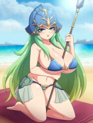  1girl beach between_breasts bikini blue_eyes blush breasts cleavage day fire_emblem fire_emblem:_path_of_radiance full_body green_hair helmet highres holding holding_polearm holding_weapon horizon huge_breasts kneeling long_hair looking_at_viewer navel nephenee_(fire_emblem) nintendo outdoors polearm showgirl_skirt solo swimsuit vadaboob very_long_hair weapon 