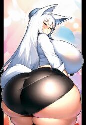  1girl 2024 :o animal_ears animated animated_gif ass ass_focus balloon black_skirt black_thighhighs blush borrowed_character bouncing_ass bouncing_breasts breasts commentary cowboy_shot curvy dated feet_out_of_frame female_focus fox_ears fox_girl fox_tail glasses hat huge_ass huge_breasts kyosuke_fujiwara long_hair long_sleeves looking_back microskirt original pixel_art plump shirt signature skindentation skirt solo tail thick_thighs thighhighs thighs undersized_clothes very_long_hair white_hair white_shirt wide_hips yellow_eyes  rating:Sensitive score:65 user:Itwyug3