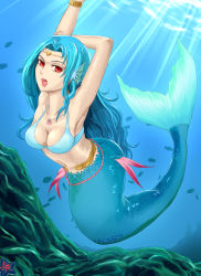  1girl armpits arms_behind_head arms_up bad_id bad_pixiv_id bikini bikini_top_only blue_hair bracelet breasts circlet cleavage fins fish head_fins highres jewelry light_rays long_hair looking_at_viewer mermaid midriff monster_girl navel necklace open_mouth original pazuzu438 red_eyes scales seashell shell solo starfish sunbeam sunlight swimming swimsuit underwater  rating:Sensitive score:17 user:raichi