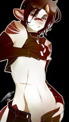 androgynous animal_ears artist_request bare_shoulders bridal_gauntlets brown_eyes brown_hair elbow_gloves flat_chest furry gloves goggles goggles_on_head midriff monochrome navel open_fly scar solo source_request tattoo tsampikos unzipped rating:Sensitive score:11 user:danbooru