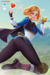 1girl ass black_cape black_gloves blonde_hair blue_tunic boots braid cameltoe cape commentary crown_braid day english_commentary eyelashes fingerless_gloves flat_chest forehead gameplay_mechanics gloves green_eyes grin hair_ornament hairclip heart highres looking_back narrow_waist nintendo outdoors pants parted_bangs pointy_ears princess_zelda prywinko running short_hair smile solo the_legend_of_zelda the_legend_of_zelda:_breath_of_the_wild the_legend_of_zelda:_tears_of_the_kingdom thick_eyebrows tight_clothes tight_pants user_interface rating:Sensitive score:102 user:danbooru