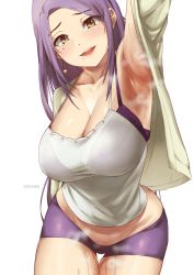 1girl armpits beige_cardigan bra bra_visible_through_clothes breasts brown_eyes cardigan cleavage collarbone curvy kirinkirin large_breasts long_hair mature_female midriff mole mole_under_eye mole_under_mouth open_mouth original outstretched_arm purple_bra purple_hair purple_shorts see-through shorts solo steam steaming_body sweat tank_top thigh_gap thighs underwear white_background white_tank_top rating:Sensitive score:221 user:danbooru