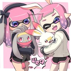 2girls :d absurdres animal_ears black_bow black_hairband black_shorts border bow commentary_request creatures_(company) dolphin_shorts evolutionary_line fake_animal_ears game_freak gen_8_pokemon grey_fur hair_bow hairband highres holding holding_pokemon hug inkling inkling_(language) inkling_girl inkling_player_character long_hair mano_(mix103) medium_hair multiple_girls nintendo one_eye_closed open_mouth outside_border pink_background pink_hair pink_trim pointy_ears pokemon pokemon_(creature) purple_hair rabbit rabbit_ears raboot red_eyes scorbunny shorts simple_background smile splatoon_(series) splatoon_3 standing tentacle_hair white_border white_fur 
