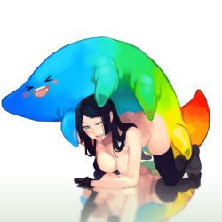  &gt;_&lt; 1girl :d >_< all_fours ass black_gloves black_hair breasts doggystyle drooling gloves highres liperv monster nipples one_eye_closed open_mouth original pussy rainbow reflection saliva sex sex_from_behind simple_background smile tentacle_sex tentacles thighhighs tongue tongue_out xd  rating:Explicit score:33 user:dmysta3000