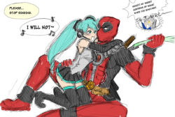  cable_(marvel) crossover deadpool deadpool_(series) english_text hatsune_miku marvel mask musical_note spring_onion tsundere vocaloid wade_wilson  rating:Sensitive score:41 user:Genbu