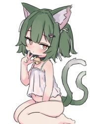  1girl animal_ear_fluff animal_ears bare_arms bare_legs bare_shoulders barefoot bell black_collar borrowed_character brown_eyes camisole cat_ears cat_girl cat_tail closed_mouth collar commentary_request commission green_hair hand_up jingle_bell looking_at_viewer multiple_tails neck_bell one_side_up original panties sa_ka_(sakanoya) seiza simple_background sitting skeb_commission solo tail two_tails underwear underwear_only w white_background white_camisole white_panties 