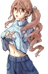  1girl blue_pants blue_sweater breasts brown_eyes brown_hair clothes_lift hair_between_eyes kantai_collection large_breasts littorio_(kancolle) long_hair looking_at_viewer navel one-hour_drawing_challenge open_mouth pants side_ponytail sweater tonke wavy_hair white_background 