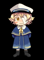  1boy arms_behind_back bandage_over_one_eye black_background black_footwear blonde_hair blue_capelet blue_jacket blush_stickers boots buttons capelet chibi child colored_eyelashes commentary crossyloid english_commentary fur-trimmed_capelet fur_trim hair_between_eyes hat jacket light_blush looking_at_viewer male_focus official_art oliver_(vocaloid) sailor_hat short_hair simple_background smile solo standing vocaloid white_hat yellow_eyes yellow_trim 