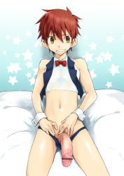  1boy bow bowtie censored huge_penis kyouta_(a01891226) looking_at_viewer male_focus penis red_hair shota solo yellow_eyes  rating:Explicit score:179 user:WaywardSon