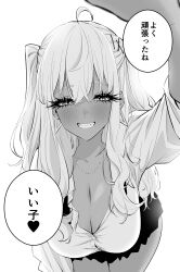  1girl absurdres ahoge animal_ears blush breasts cleavage commentary_request dark-skinned_female dark_skin eyelashes greyscale gyaru hair_ornament hairclip highres incoming_headpat jewelry kogal large_breasts leaning_forward long_hair looking_at_viewer loose_clothes loose_necktie loose_shirt monochrome necklace necktie original school_uniform shiraishi_kouhei shirt skirt smile solo translation_request twintails white_background  rating:Sensitive score:21 user:danbooru