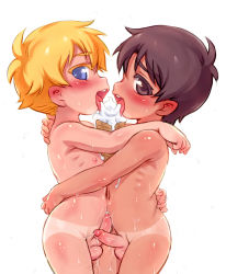  2boys absurdres black_eyes black_hair blonde_hair blue_eyes blush cum erection food foreskin highres hug ice_cream ice_cream_cone kurotsuki_(luowei99) looking_at_viewer male_focus multiple_boys nipples nude open_mouth original penis penises_touching phimosis short_hair shota simple_background sweat tan tanline testicles tongue tongue_out uncensored white_background yaoi  rating:Explicit score:371 user:danbooru