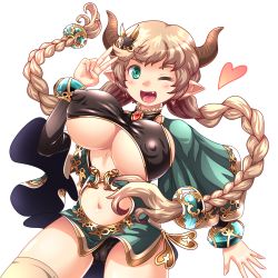 10s 1girl ;d black_panties blush braid breasts brown_thighhighs cameltoe carmelina_(granblue_fantasy) clothing_cutout covered_erect_nipples draph dress fang granblue_fantasy green_dress green_eyes hair_ornament heart highres horns large_breasts light_brown_hair light_brown_legwear long_hair looking_at_viewer midriff navel navel_cutout one_eye_closed open_mouth panties pantyshot pointy_ears scissors scissors_hair_ornament short_dress smile solo standing teaf thighhighs transparent_background twin_braids underboob underwear v rating:Questionable score:14 user:danbooru