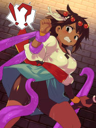  !? 1girl ajna_(indivisible) bike_shorts blush brown_hair clenched_teeth dark_skin highres indivisible pigfarm55555 restrained teeth tentacles  rating:Questionable score:35 user:Dweenie
