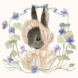  animal animal_focus blue_ribbon bonnet bow bowtie clothed_animal cropped_torso dress ears_through_headwear flower frilled_dress frilled_headwear frills highres no_humans original pansy pink_bonnet pink_bow pink_bowtie pink_dress purple_flower rabbit ribbon simple_background tono_(rt0no) white_background 