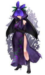  1girl aoshima bare_shoulders black_footwear black_gloves black_hair boots breasts china_dress chinese_clothes dress elbow_gloves floral_print flower flower_on_head full_body gloves grape_print high_heel_boots high_heels highres large_breasts leaf leaf_on_head leaf_print orchid purple_dress purple_eyes sleeveless sleeveless_dress smile solo standing thighs touhou yomotsu_hisami 