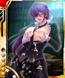  1girl blush book grabbing_another&#039;s_breast breasts butler cameltoe card_(medium) card_(red-ur) card_(ur) cum cum_on_body cum_on_clothes cum_on_lower_body eyepatch female_focus formal gloves grabbing kagami_hirotaka large_breasts long_hair looking_at_viewer naughty_face nipples onmyou_kishi_towako open_clothes open_shirt puffy_nipples purple_hair saliva shiki_reika shiny_skin shirt skin_tight smile sweat taimanin_(series) taimanin_asagi_battle_arena_all_card_gallery taimanin_asagi_kessen_arena tongue tongue_out torn_clothes yellow_eyes  rating:Explicit score:37 user:gogomesh