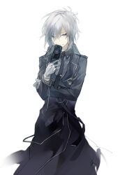 1boy black_jacket black_necktie blue_eyes cellphone commentary_request devil_survivor devil_survivor_2 flip_phone gloves grey_gloves grey_hair grey_shirt holding holding_phone houtsuin_yamato jacket long_sleeves looking_at_viewer male_focus military military_uniform necktie phone shirt shrie simple_background smile solo standing uniform white_background 