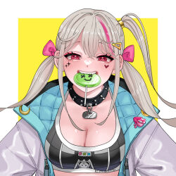 1girl black_collar black_sports_bra blonde_hair breasts candy cleavage collar eyeshadow facial_tattoo food goddess_of_victory:_nikke gradient_hair hair_between_eyes hair_ornament hair_ribbon hairclip heart heart-shaped_pupils heart_tattoo jackal_(nikke) jacket large_breasts light_blush long_hair looking_at_viewer low_twintails mouth_hold mozo_(mmm) multicolored_clothes multicolored_hair multicolored_jacket pink_eyeshadow pink_hair pink_ribbon red_eyes ribbon side_ponytail sidelocks solo spiked_collar spikes sports_bra streaked_hair symbol-shaped_pupils tattoo twintails two-sided_fabric two-sided_jacket white_jacket