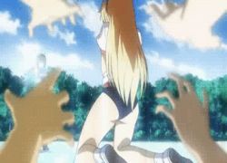  animated animated_gif ass assisted_exposure blood blush breasts clothes_over_face embarrassed freezing_(series) gym_uniform lowres multiple_girls nosebleed pov satellizer_el_bridget sitting wince 
