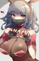  1girl animal_ears bikini black_gloves black_mask bodystocking breasts brown_hairband cleavage earrings fake_animal_ears fingerless_gloves gloves grey_hair hairband heart heart_hands highres jewelry large_breasts long_hair mask mouth_mask na_(niruo3) original red_bikini red_eyes red_nails see-through see-through_cleavage solo swimsuit upper_body 