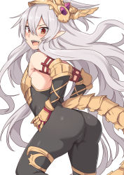 1girl armor ass bare_shoulders black_bodysuit black_gloves blush bodysuit breasts cameltoe commentary_request detached_sleeves dragon_tail fang from_behind gauntlets gloves grey_hair hair_between_eyes hair_ornament headpiece huge_ass long_hair looking_at_viewer looking_back medusa_(shingeki_no_bahamut) open_mouth pointy_ears red_eyes shingeki_no_bahamut shiseki_hirame sleeveless sleeveless_bodysuit small_breasts smile solo tail rating:Questionable score:22 user:danbooru