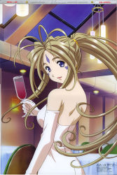  1girl aa_megami-sama absurdres alcohol belldandy blonde_hair blue_eyes breasts chair cup detached_sleeves dress drinking_glass earrings glass highres jewelry large_breasts long_hair official_art ponytail smile solo table tagme wine wine_glass  rating:Sensitive score:12 user:raikyaku