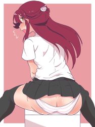 1girl ass black_skirt black_thighhighs blush border butt_crack commentary dress_shirt female_focus flying_sweatdrops from_behind frown hair_ornament hairclip half_updo highres kumaneko_(kumaneko1138) lace lace-trimmed_panties lace_trim long_hair looking_at_viewer looking_back love_live! love_live!_sunshine!! lowleg lowleg_panties miniskirt open_mouth outside_border panties pink_background pink_panties pleated_skirt red_hair sakurauchi_riko school_uniform shirt short_sleeves sitting skindentation skirt solo striped_clothes striped_panties thighhighs underwear uranohoshi_school_uniform white_border white_shirt yellow_eyes