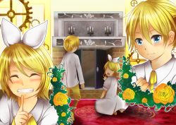 1boy 1girl aku_no_musume_(vocaloid) allen_avadonia blonde_hair blue_eyes bow brother_and_sister candelabra candle candlestand carpet dress evillious_nendaiki finger_to_mouth fireplace flower gears grin hair_bow highres kagamine_len kagamine_rin kneeling momiji0316 pointing pointing_up riliane_lucifen_d&#039;autriche rose rug shirt short_hair short_ponytail shorts shushing siblings smile sneaking trap_door twins twiright_prank_(vocaloid) vocaloid white_dress yellow_flower yellow_rose rating:Sensitive score:0 user:danbooru