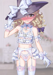 1girl absurdres bare_shoulders black_hat blonde_hair blurry blurry_background blush bow bow_panties braid brown_eyes clenched_teeth commentary_request depth_of_field frills garter_belt gloves grey_background groin gunnjou_yosio hair_bow hand_on_headwear hand_up hat hat_bow hat_over_one_eye highres kirisame_marisa long_hair panties purple_bow solo teeth thighhighs touhou underwear white_bow white_gloves white_panties white_thighhighs witch_hat  rating:Sensitive score:74 user:danbooru