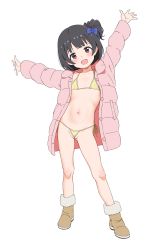  1girl :d absurdres arm_up bikini bikini_under_clothes black_hair blush boots brown_footwear cameltoe cleft_of_venus collarbone commentary_request female_focus flat_chest full_body fur-trimmed_boots fur_trim gluteal_fold groin head_tilt highres idolmaster idolmaster_million_live! jacket jinani loli long_sleeves looking_at_viewer nakatani_iku navel one_side_up open_clothes open_jacket open_mouth outstretched_arms pink_jacket red_eyes revision short_hair side-tie_bikini_bottom simple_background smile solo standing swimsuit wedgie white_background yellow_bikini  rating:Questionable score:175 user:danbooru